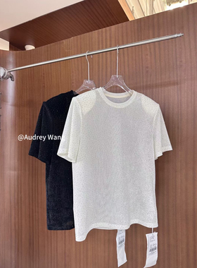 AW原创设计短袖圆领垫肩烫钻短款网眼微透视T恤专柜品质2024夏