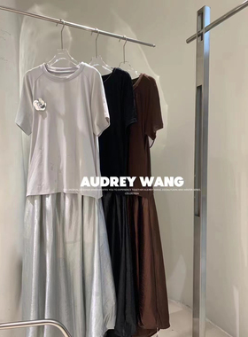 AW2024夏季新款时尚小众设计宽松缎面拼接大裙摆拼接慵懒连衣裙女