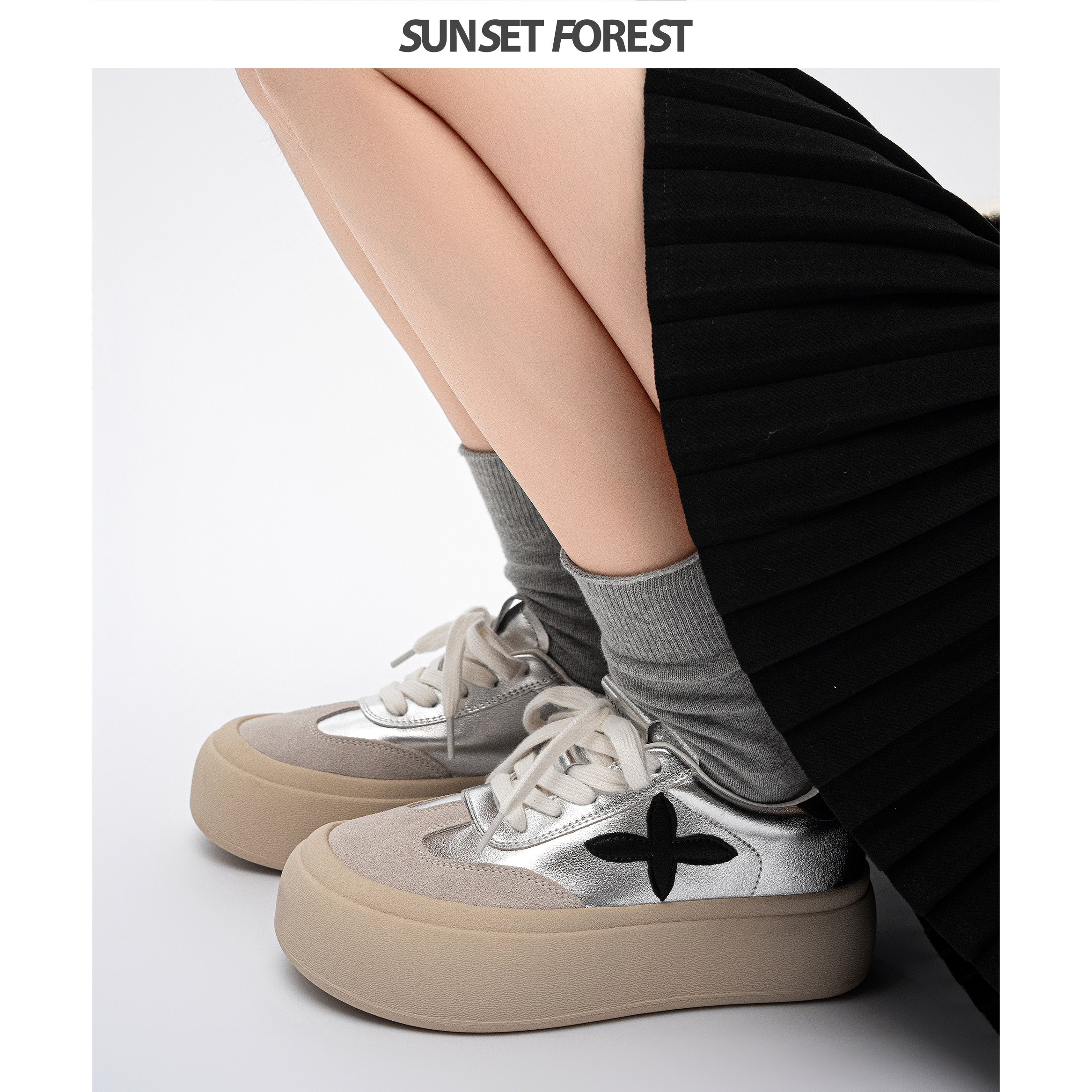 落日森林十字花厚底鞋女2025春季新款银色板鞋百搭德训鞋休闲运动