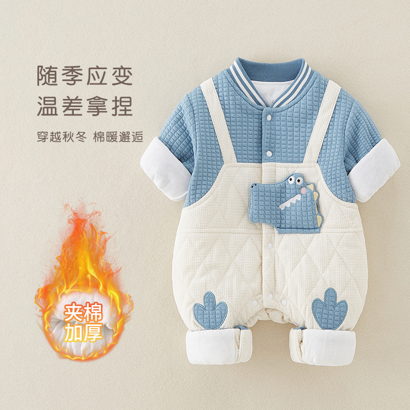 2025新款婴儿冬季童装 男宝宝卡通领结加棉加厚保暖连体 哈衣外穿