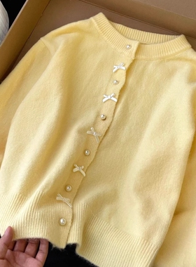 巨好看~很温柔！！甜美别致立体蝴蝶结嫩黄色针织开衫女早春外套