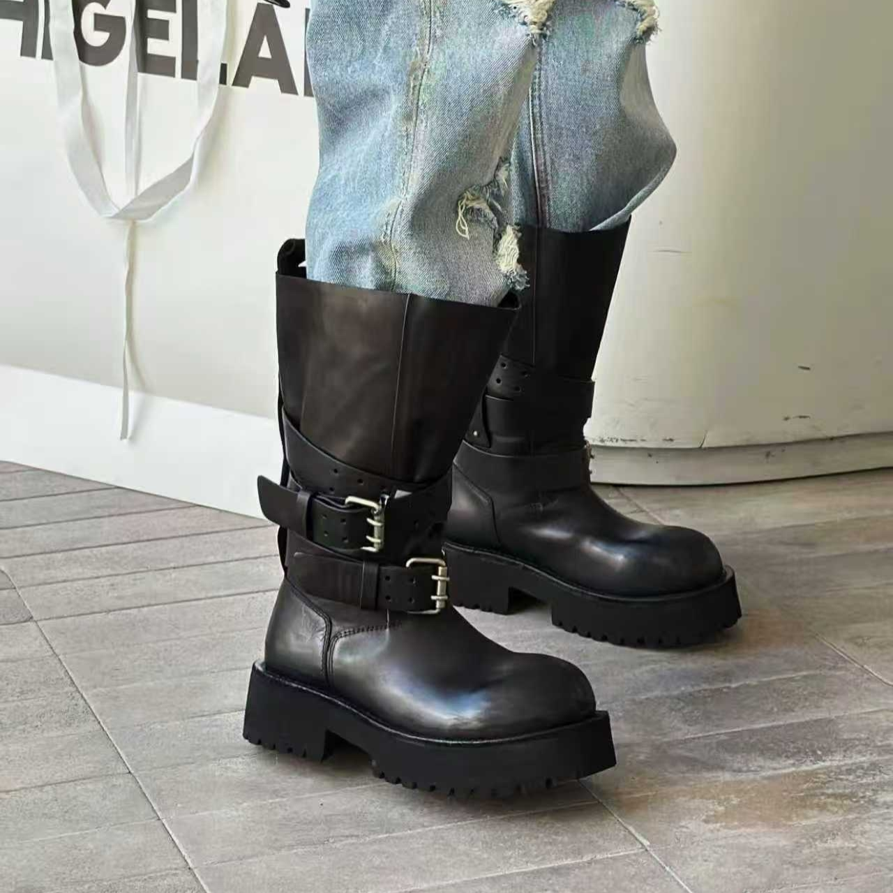 诗歌兰朋克风中筒靴女2025秋季新款真皮百搭复古厚底机车骑士靴潮