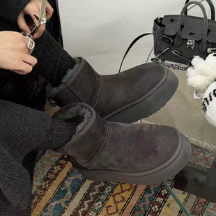 诗歌兰厚底雪地靴女2025冬新款加绒真皮磨砂加厚加绒皮毛一体短靴