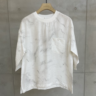 薄款 砚行夏季 新中式 衬衫 圆领亚麻衬衣 男高端复古水墨花朵印花短袖