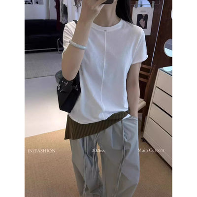 one26717短袖T恤女夏款时尚显瘦薄款圆领百搭打底上衣前面一根襟