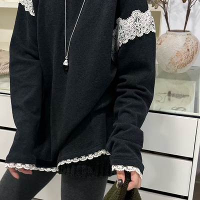欧货one磨毛加绒中长款打底衫女冬款蕾丝拼接软糯舒适盖屁股上衣T