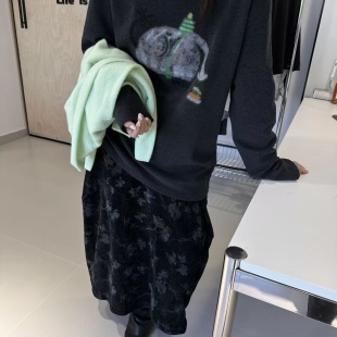 遮屁股卡通印花上衣潮 双面德绒磨毛打底衫 one中长款 T恤女2025冬款