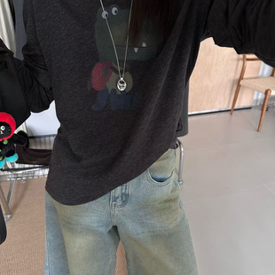 特价福利不退换one天丝棉薄款打底衫长袖T恤黑灰色上衣卡通印花