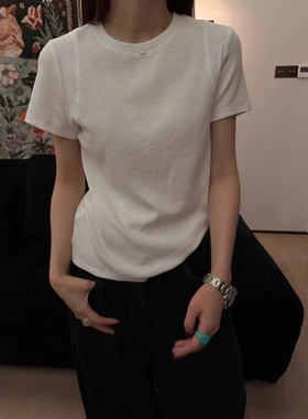 韩国one12595短袖T恤女春夏时尚显瘦百搭弹力修身螺纹棉打底上衣