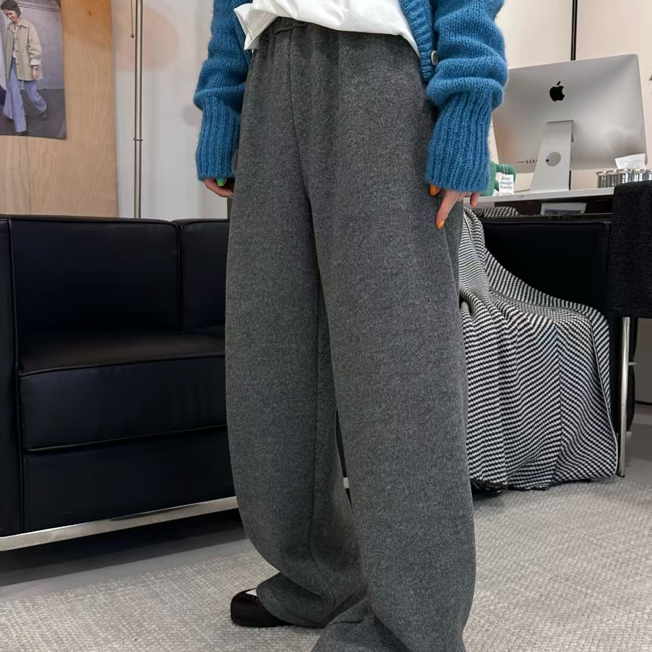 MarioQueiroz2580-1加绒加厚阔腿裤冬松紧高腰显瘦直筒裤拖地裤子