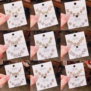 2026新款铜镀金品质锆石三对装耳钉跨境爆款银针一卡六件套装耳饰