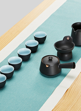茶锦记侧把壶整套功夫茶具套装家用简约隔热防烫手黑色德化陶瓷杯