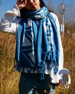 青白原创：云南大理白族植物板蓝根古法蓝染纯手工扎染围巾 披肩