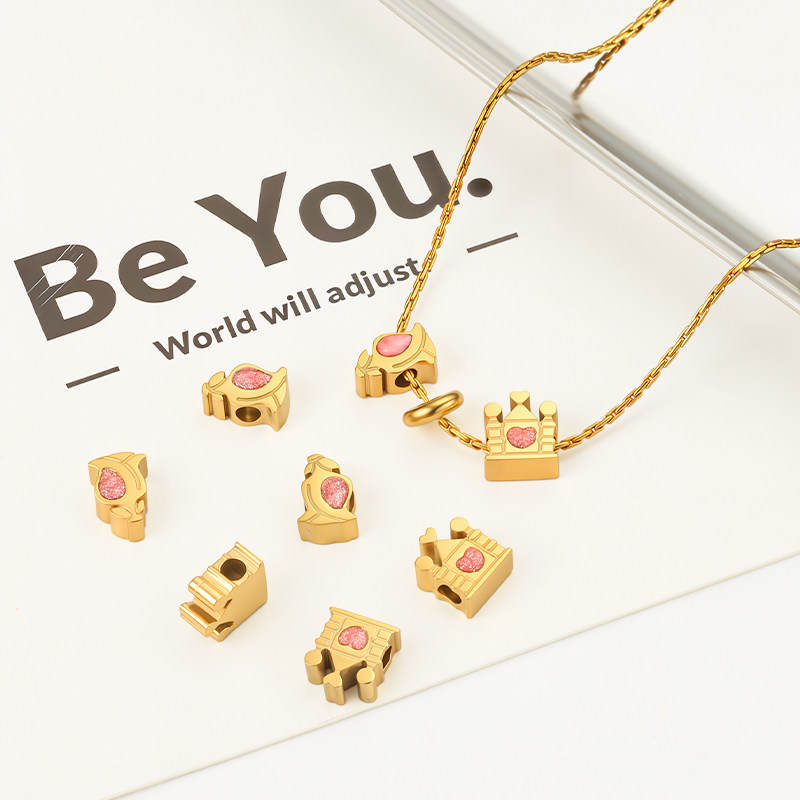 钛钢城堡吊坠饰品diy项链手链配饰18k金色滴胶吊坠玫瑰花散珠配件