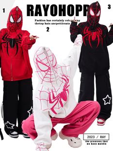 Rayohopp蜘蛛侠卫衣女连帽美式街头印花刺绣拉链开衫oversize外套