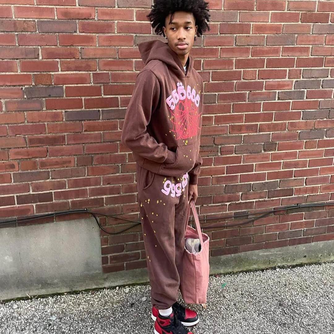 美式潮牌加绒宽松连帽衫sp5der套装蜘蛛网555555发泡正确印花圆领