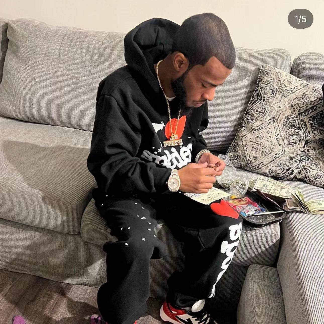 加绒美式潮牌sp5der蜘蛛网套装星星字母印花男女同款连帽衫卫衣