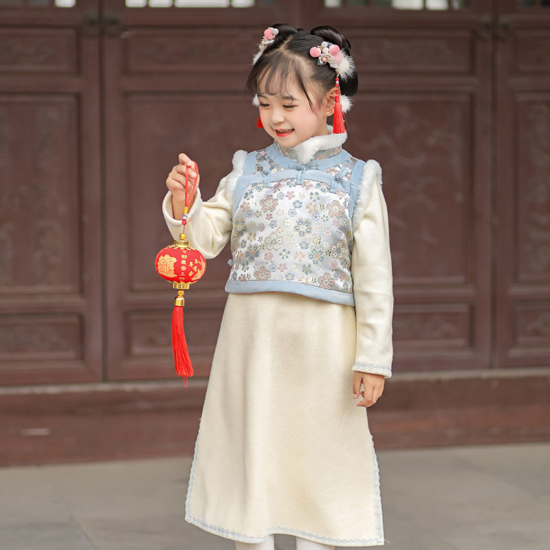 汉服女童冬季新品加厚马甲两件套古装小女孩旗袍裙套装民国风童装