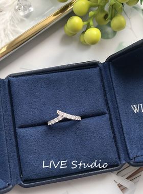 Ribbon对戒 满钻婚戒 V字形戒指叠戴 仿真钻戒银