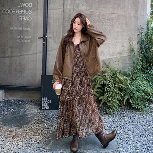 美拉德时髦咖色气质外套碎花连衣裙套装 两件套女2025早春秋复古风
