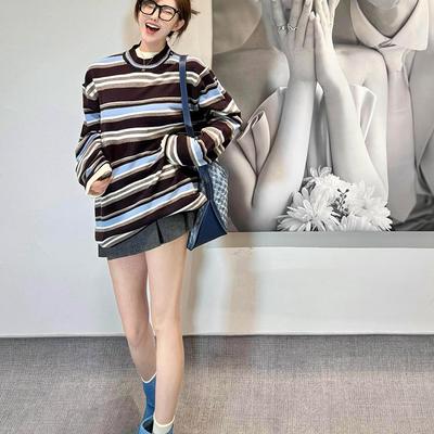条纹正肩长袖t恤针织内搭打底衫女秋季韩系穿搭单穿休闲宽松上衣