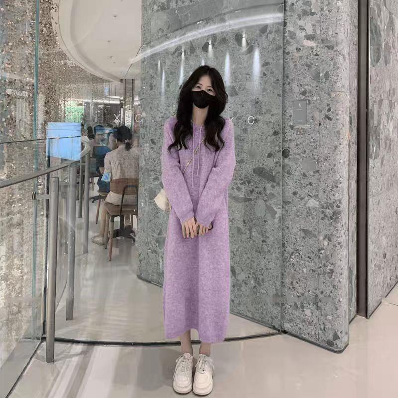 紫色长袖连帽针织连衣裙女秋冬2025新款宽松慵懒风内搭打底毛衣裙