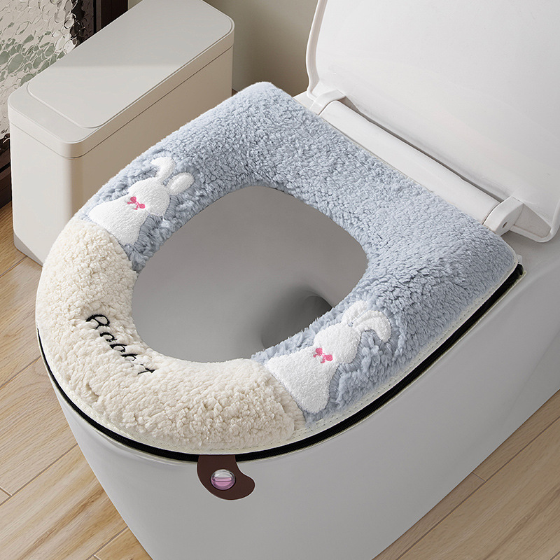 双白兔羊羔绒拉链式马桶垫卡通坐便垫套通用防水厕所坐便套马桶