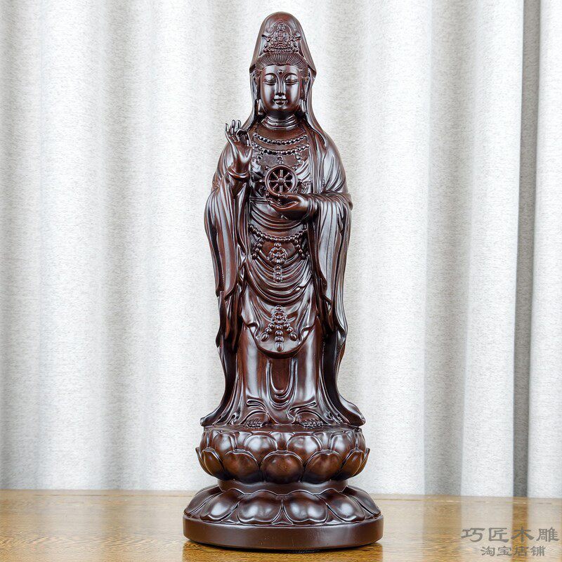 木雕如意轮观音摆件黑檀实木雕刻南海观世音菩萨佛像木头客厅装饰