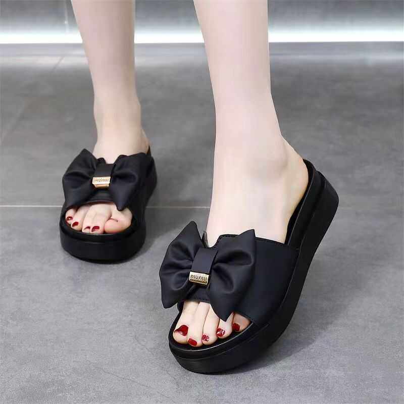 品牌女鞋蝴蝶结一字凉拖高级感厚底拖鞋女夏季外穿2025新款夏增高