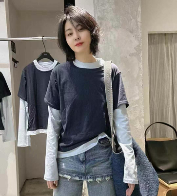 欧洲站2025春季新款拼接假两件t恤女时尚洋气百搭长袖套头上衣潮