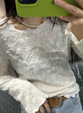 欧洲站2025冬季新款拼接木耳边提花蕾丝衫女时尚洋气百搭套头上衣