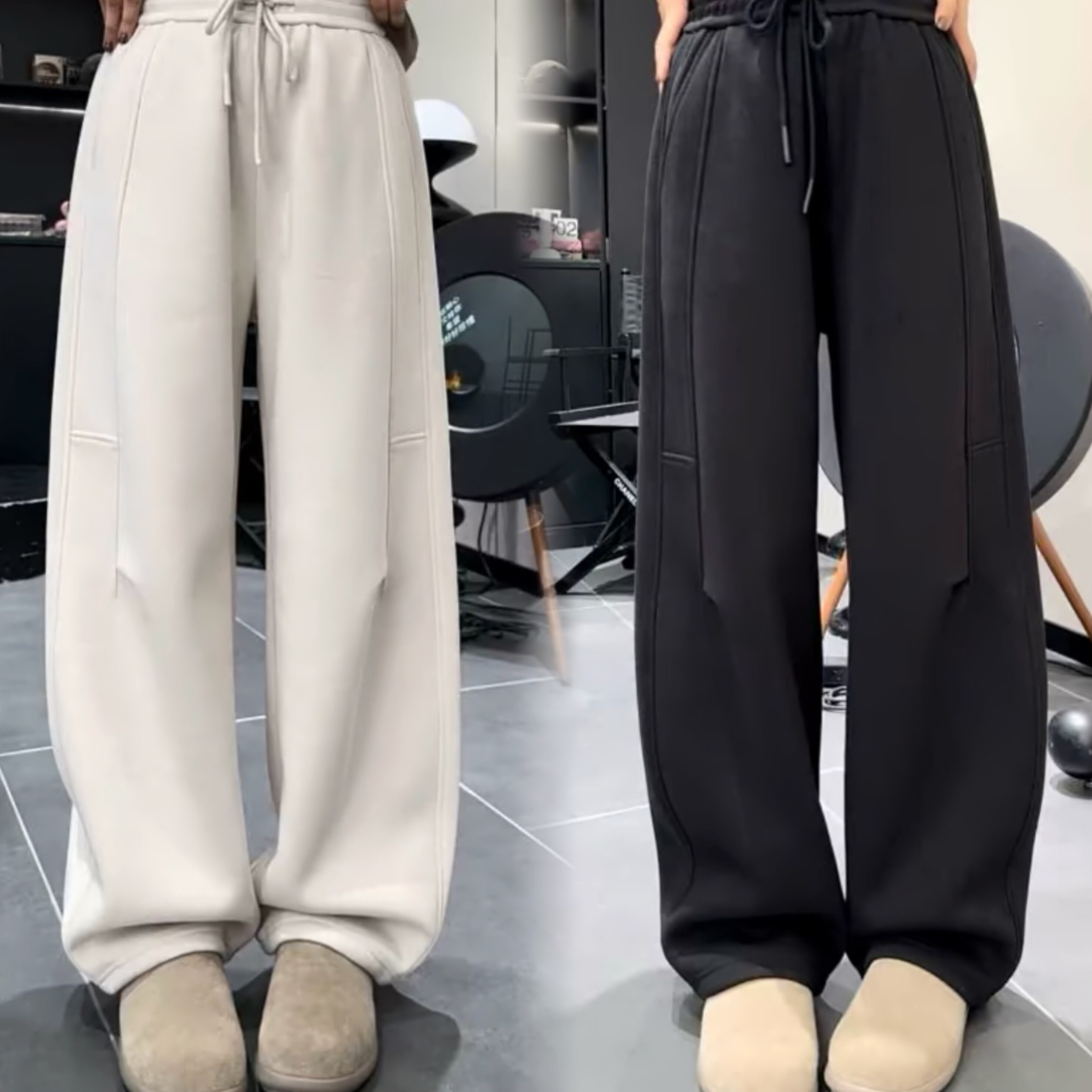 欧洲站2025冬季新款纯色拼接加绒可束脚卫裤女时尚洋气百搭休闲裤