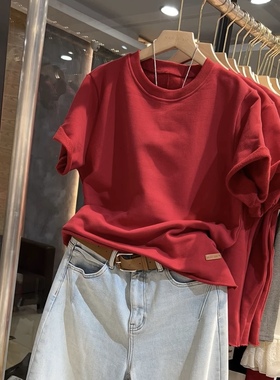 欧洲站2025冬季新款拼接贴标红色短袖t恤女时尚洋气百搭套头上衣