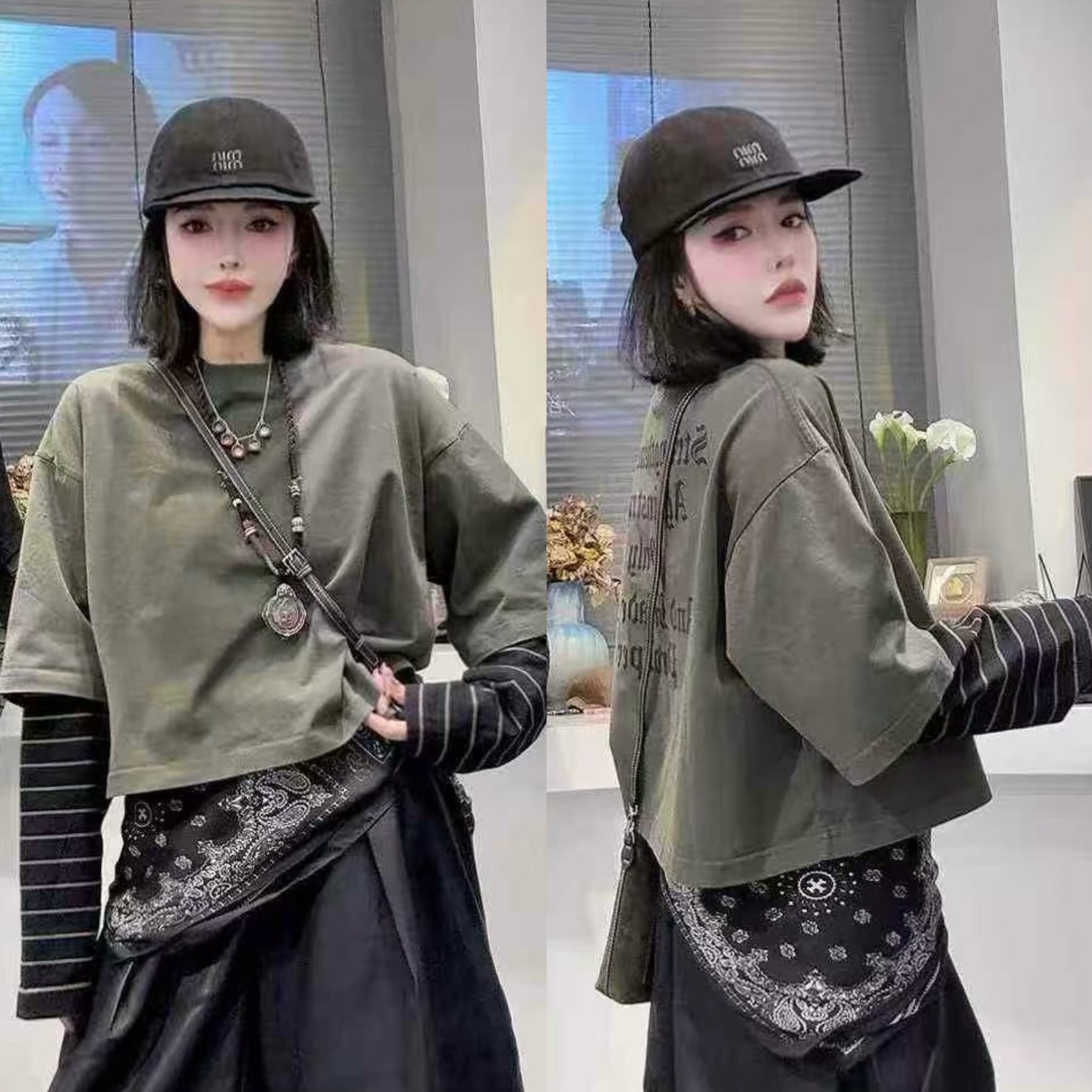 2025秋季新款拼接条纹袖后背字母假两件t恤女时尚洋气百搭上衣潮