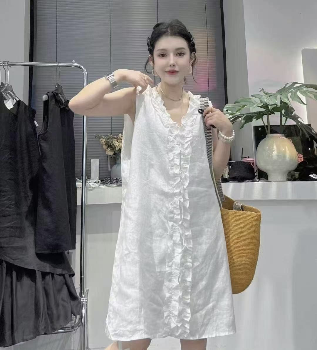 欧洲站2025夏季新款纯色拼接木耳边坎袖连衣裙女时尚洋气简约裙子