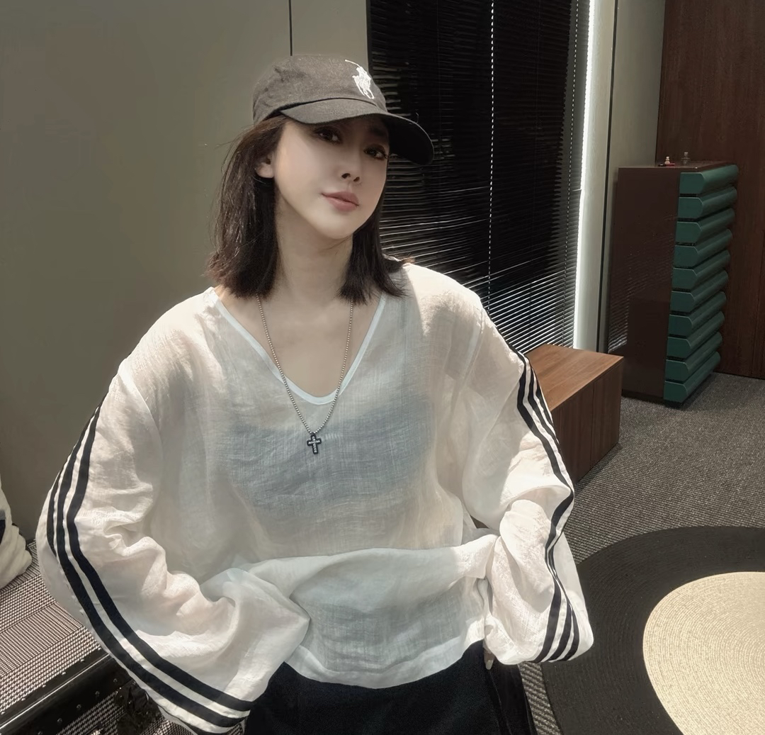 欧洲站2025夏季新款拼接袖三条杠长袖t恤女宽松时尚洋气百搭上衣