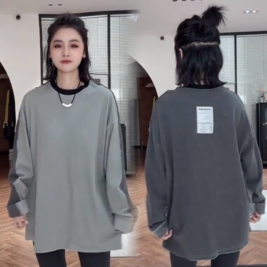 2025冬季新款前后AB面拼色后背贴布t恤女宽松时尚洋气百搭上衣潮