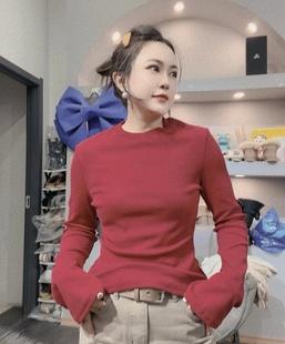 t恤女时尚 纯色拼接喇叭袖 洋气百搭套头上衣潮 新款 欧洲站2025冬季