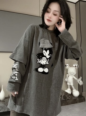 欧货2025冬季新款字母卡通拼接假两件t恤女宽松时尚洋气百搭上衣