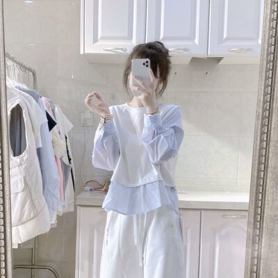 欧货2026春季新款拼接背心假两件条纹衬衫女时尚洋气百搭套头上衣