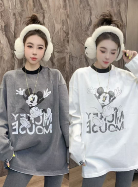 欧洲站2025冬季新款字母卡通印花拼接t恤女宽松时尚洋气百搭上衣