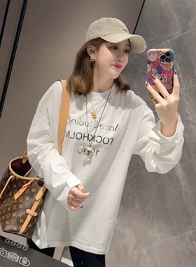 欧洲站2025冬季新款字母印花烫钻t恤女宽松时尚洋气百搭长袖上衣