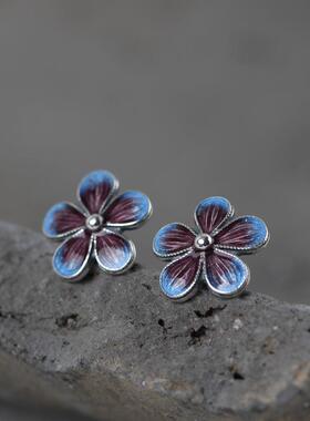 烧蓝梅花耳钉S915银景泰蓝耳环耳饰简约小巧配件气质百搭复古饰品