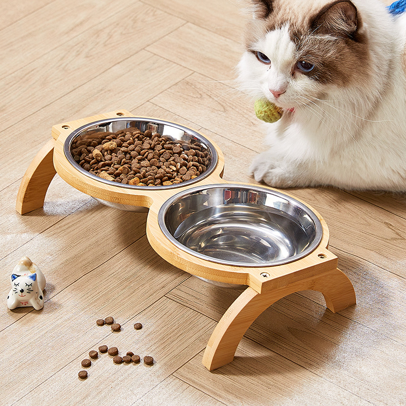 新款猫碗木架不锈钢双碗防打翻陶瓷宠物碗猫咪饮水护颈猫食盆架