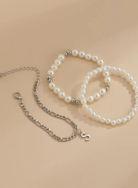 波西米亚编织字母仿珍珠手链欧美复古冷淡风拼接字母镂空链条手饰