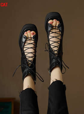 10厘米高跟罗马鞋女镂空马丁靴潮2023夏新粗跟防水台时装短筒凉靴