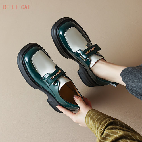 单鞋休闲拼色真皮乐福鞋增高