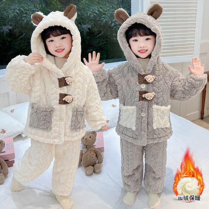 儿童冬季家居服套装双层加绒加厚小熊法兰绒睡衣女童宝宝居家两件