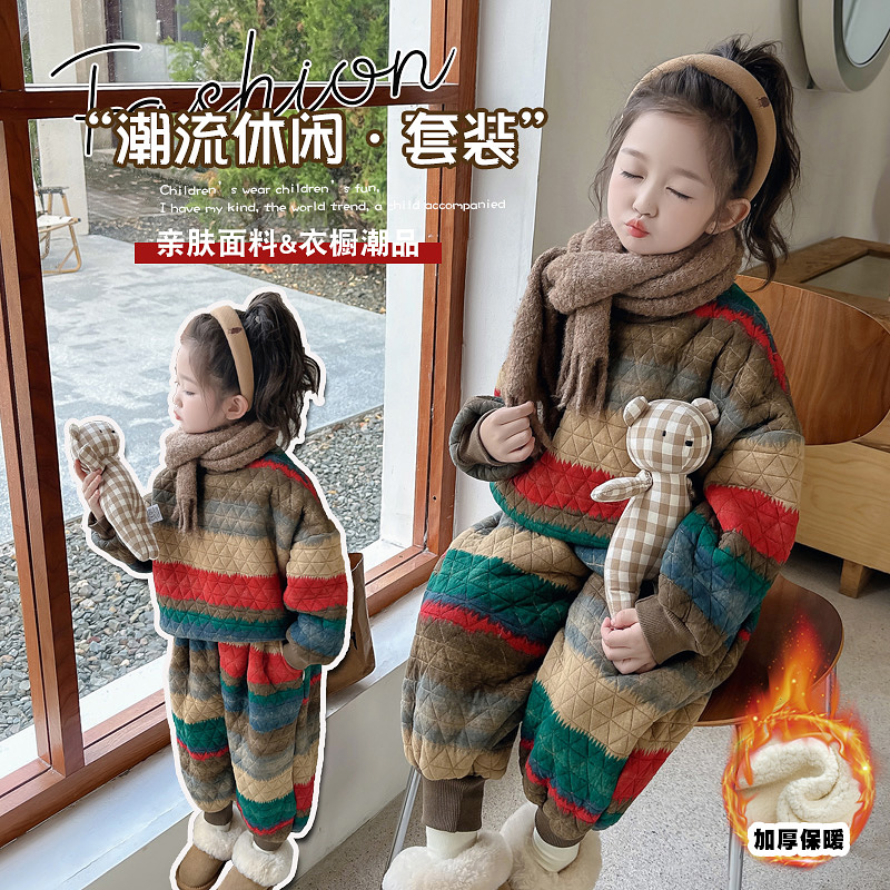 棉两件套秋冬条纹卫衣套装舒适