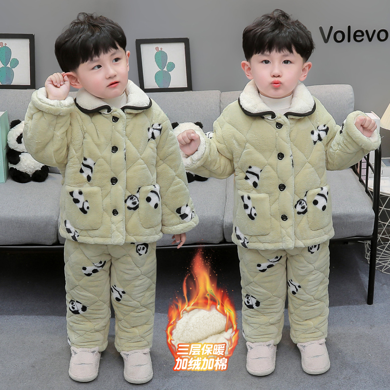 男童三层加厚法兰绒冬季家居服